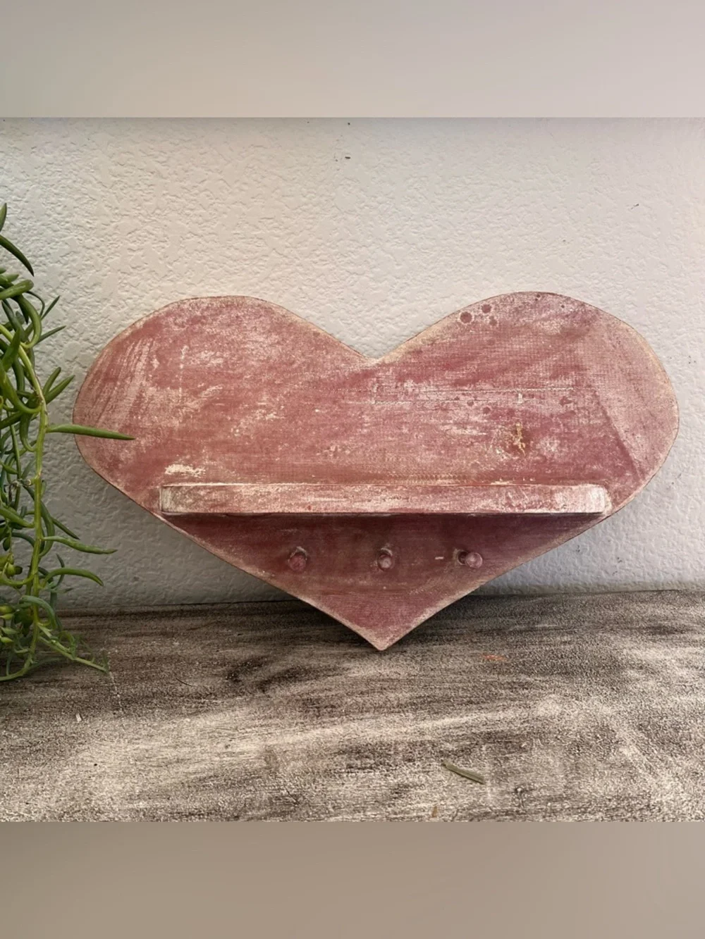 Vintage Rustic Pink Wood Heart Shaped Farmhouse Wall Shelf w/3 Pegs 18